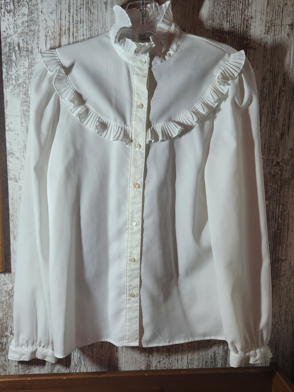 White Ruffle Yoke Button-Down Blouse Prairie Rodeo Style High Collar Classic